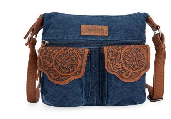 WG103-2009 NV   Wrangler Floral Tooled Denim Crossbody