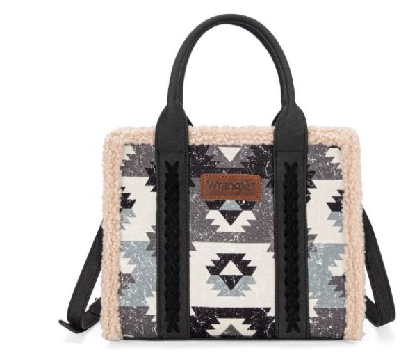 WG166G-8120 BLK Wrangler Sherpa Southwestern Print Small Canvas Tote/Crossbody