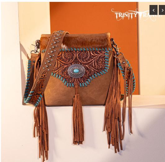 TR177G-9360 BR Trinity Ranch Hair-On Cowhide Floral Tooled Concealed Carry Crossbody Bag