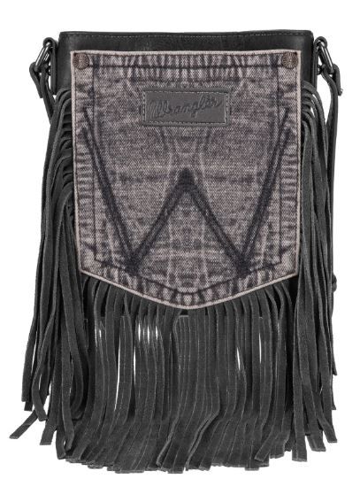 WG44-8360 LBK Wrangler Leather Fringe Jean Denim Pocket Crossbody