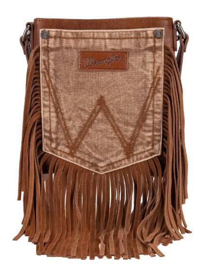 WG44-8360 LBR Wrangler Leather Fringe Jean Denim Pocket Crossbody