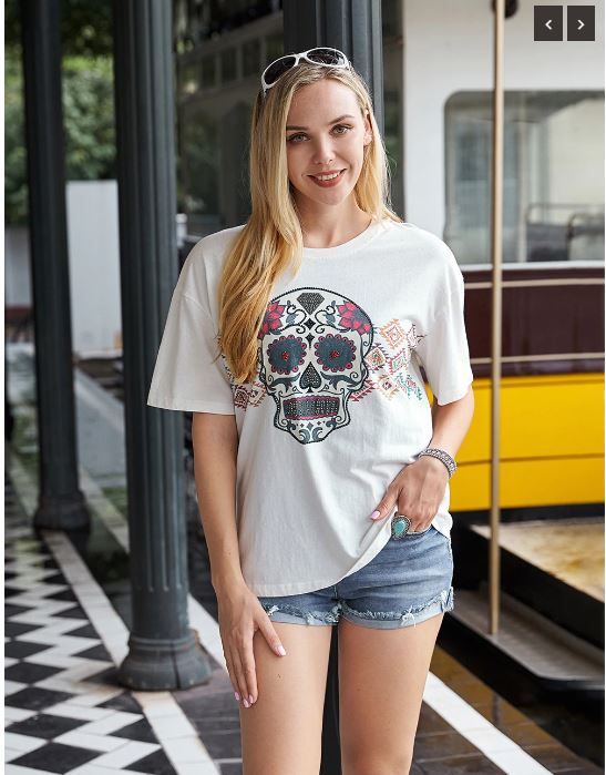 AB-T6009WT （Prepack 7 Pcs）Sugar Skull And Aztec With Rhinestones Women Short Sleeve