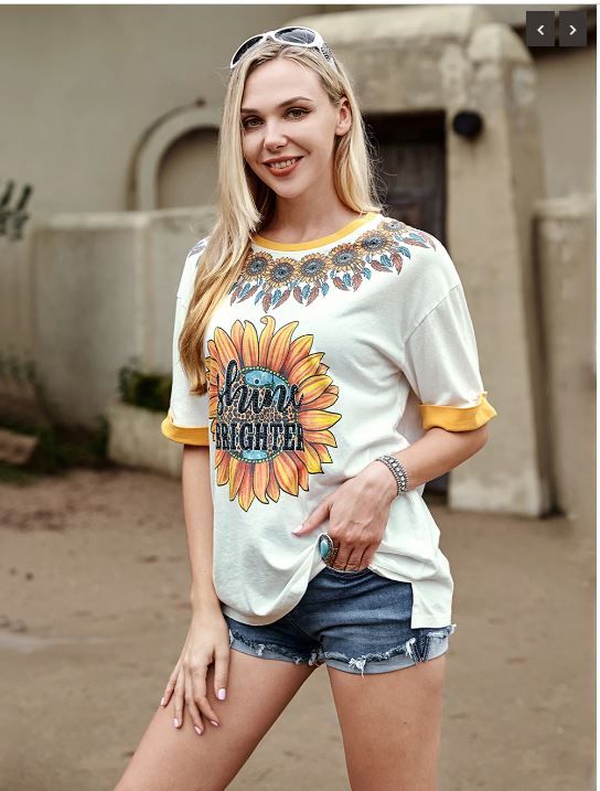 AB-T6010WT （Prepack 7 Pcs）Sunflower With Rhinestones Women Short Sleeve T-Shirt