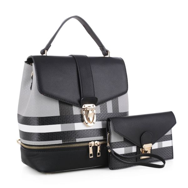 DX91045 BK/BK PLAID BACKPCK HANDBAG WITH WALLET