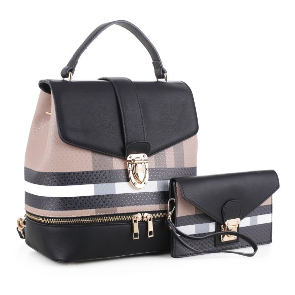 DX91045 BR/BK PLAID BACKPCK HANDBAG WITH WALLET