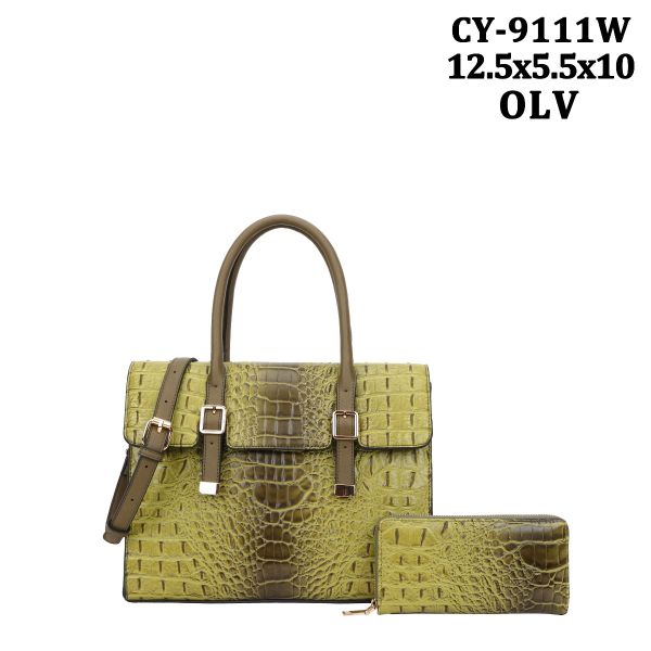 CY-9111W OLV CROCO SHOPPING BAG WITH WALLET