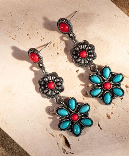 ER- 1006 RD Concho Dangle Earring With Turquoise Stones