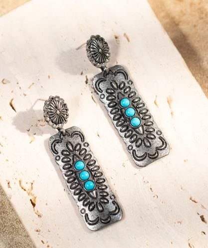 ER-1011 TQ Rustic Couture's Bohemian Antique Plated Natural Stone Dangle Earring