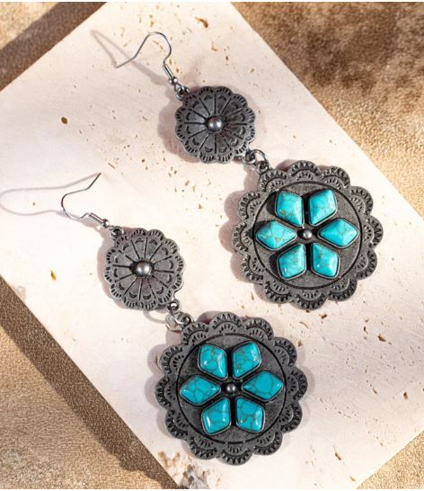 ER-1015 TQ Rustic Couture's Bohemian Antique Plated Natural Stone Dangle Earring