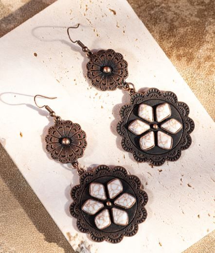 ER-1015 WT Rustic Couture's Bohemian Antique Plated Natural Stone Dangle Earring