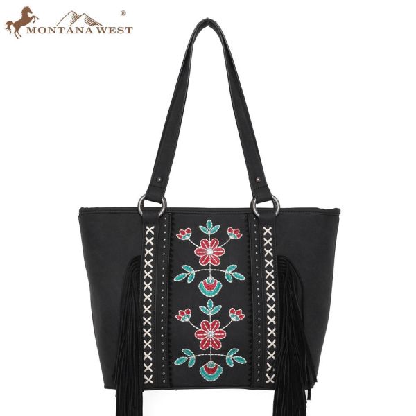 WG-018317  BK Embroidered Floral Fringe Concealed Carry Tote（Wrangler by Montana West）