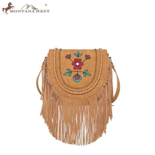 WG01-8360 BR Embroidered Floral Fringe Crossbody