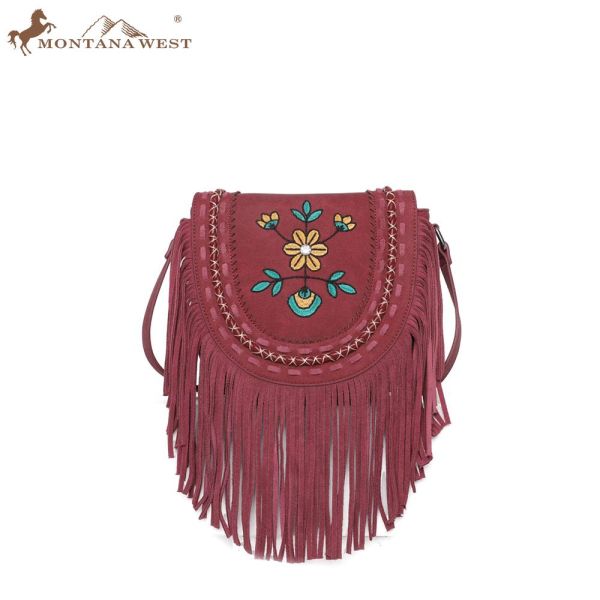 WG01-8360 RD Embroidered Floral Fringe Crossbody