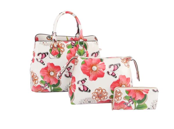 LY096-1W BG 3IN1 FLORAL PRINT TEXTURE  BAG WITH WALLET SET