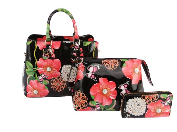 LY096-1W BK 3IN1 FLORAL PRINT TEXTURE  BAG WITH WALLET SET