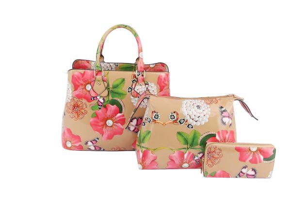 LY096-1W ND 3IN1 FLORAL PRINT TEXTURE  BAG WITH WALLET SET