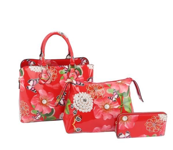 LY096-1W RD 3IN1 FLORAL PRINT TEXTURE  BAG WITH WALLET SET