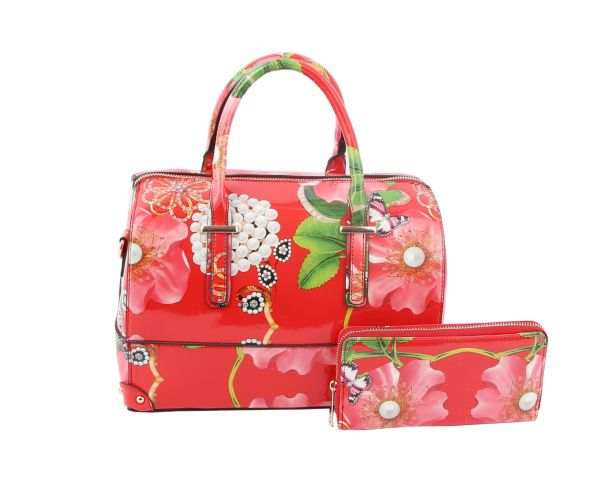 LY097-1W RD 2IN1 FLORAL PRINT DUFFEL BAG WITH WALLET SET