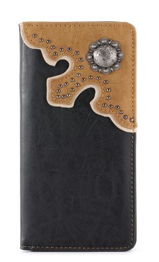 MW-606 BKAntique Silver Berry Concho Men's Bifold Long PU Leather Wallet