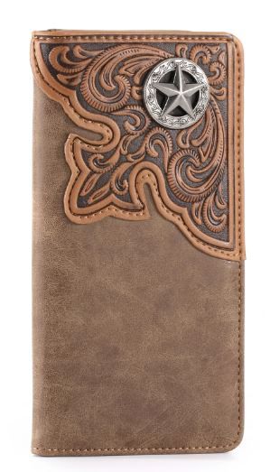 MW-610 BR Embossed Lone Star Concho Men's Bifold Long PU Leather Wallet