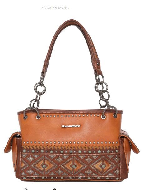 MW1066G-8085 BR Montana West Aztec Tooled Collection Concealed Carry Satchel