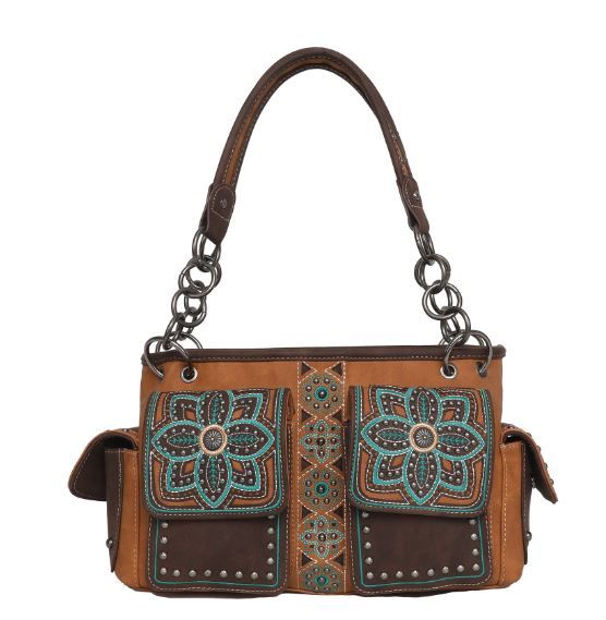 MW1072G-8085 BR Montana West Floral Embroidered Collection Concealed Carry Satchel