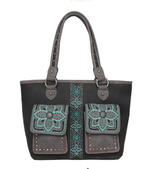 MW1072G-8317 BK Montana West Floral Embroidered Collection Concealed Carry Tote