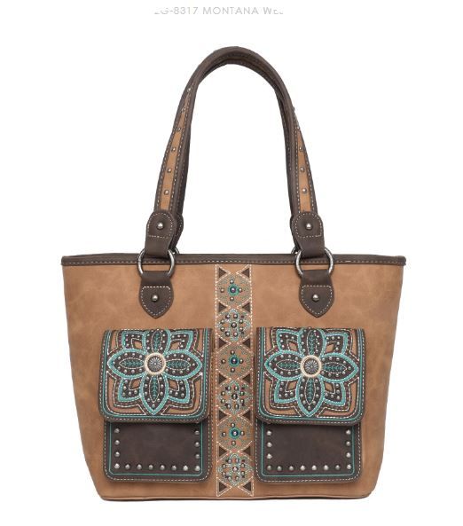 MW1072G-8317 BR Montana West Floral Embroidered Collection Concealed Carry Tote