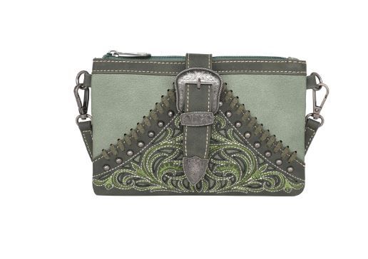 MW1111-181 GN  Montana West Floral Embroidered Buckle Collection Clutch/Crossbody