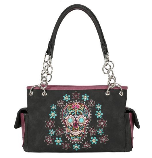 MW1121G-8085 BK  Montana West Sugar Skull Collection Concealed Carry Satchel