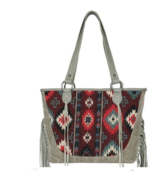 MW1174G-8317 GN Montana West Aztec Tapestry Fringe Concealed Carry Tote