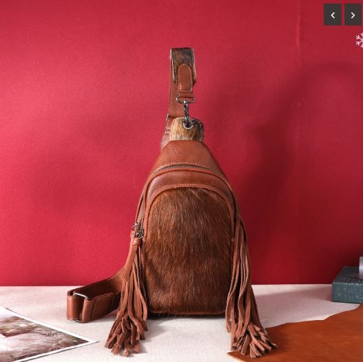 MW1239-S9110 BR Montana West Genuine Hair-On Cowhide Fringe Sling Bag