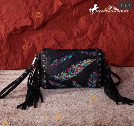 MW1242-181 BK Montana West Embroidered Feather Collection Clutch/Crossbody