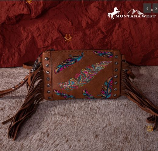 MW1242-181 BR Montana West Embroidered Feather Collection Clutch/Crossbody