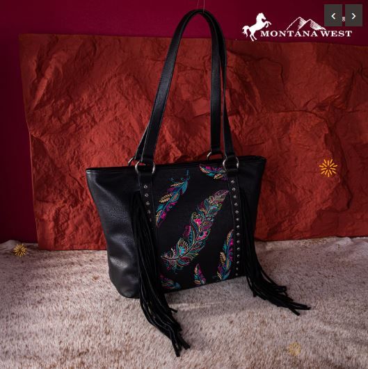 MW1242G-8317 BK Montana West Embroidered Feather Collection Concealed Carry Tote