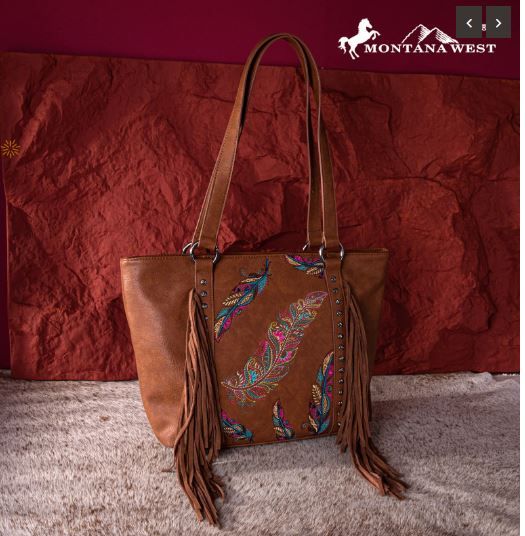 MW1242G-8317 BR Montana West Embroidered Feather Collection Concealed Carry Tote