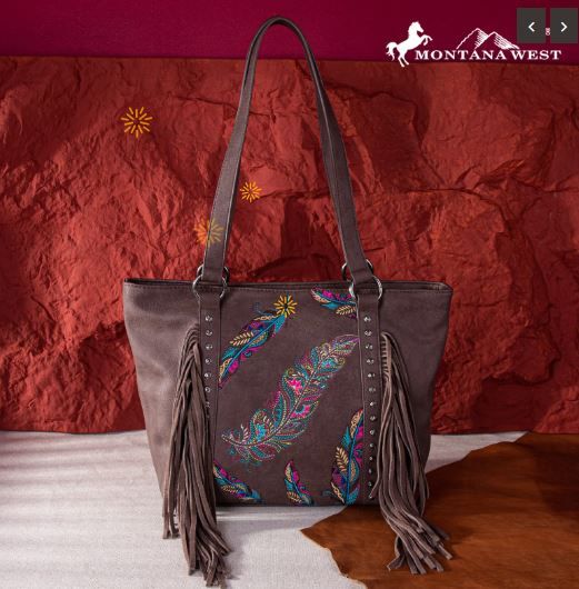 MW1242G-8317 CF Montana West Embroidered Feather Collection Concealed Carry Tote