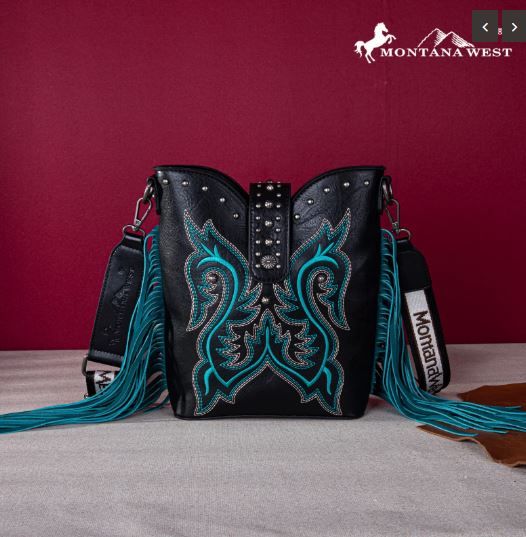 MW1247-9360 BK Montana West Embroidered Fringe Collection Boot Purse Crossbody