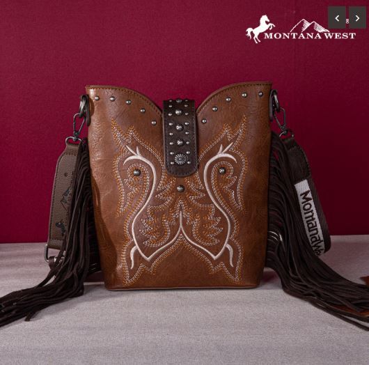 MW1247-9360 BRMontana West Embroidered Fringe Collection Boot Purse Crossbody