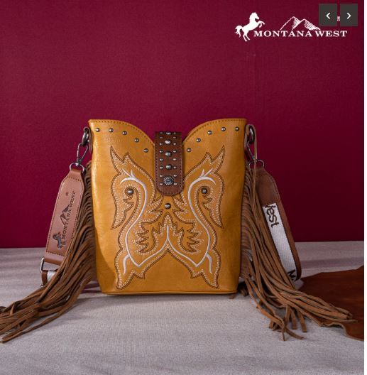 MW1247-9360 MST Montana West Embroidered Fringe Collection Boot Purse Crossbody