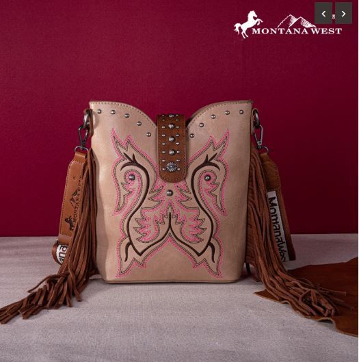 MW1247-9360 TN Montana West Embroidered Fringe Collection Boot Purse Crossbody