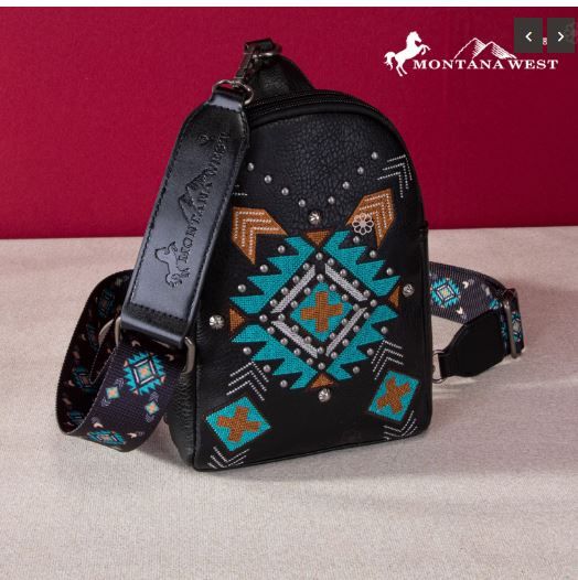 MW1248-210 BK Montana West Embroidered Aztec Collection Sling Bag