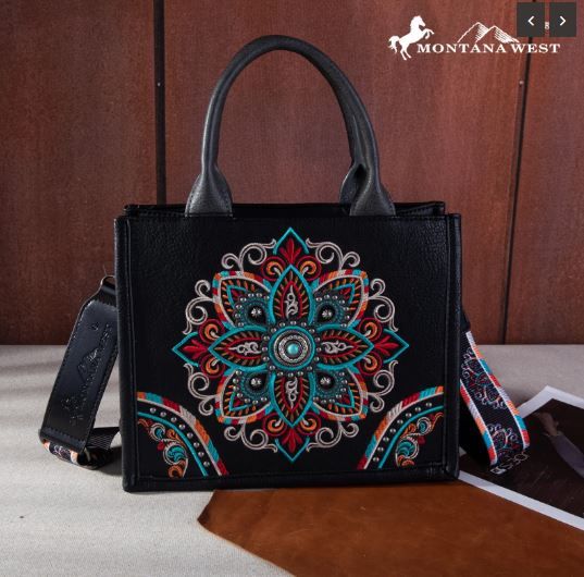 MW1258-8120S BK Montana West Embroidered Tribal Mandala Concealed Carry Tote/Crossbody