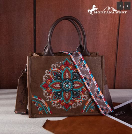 MW1258-8120S BR Montana West Embroidered Tribal Mandala Concealed Carry Tote/Crossbody