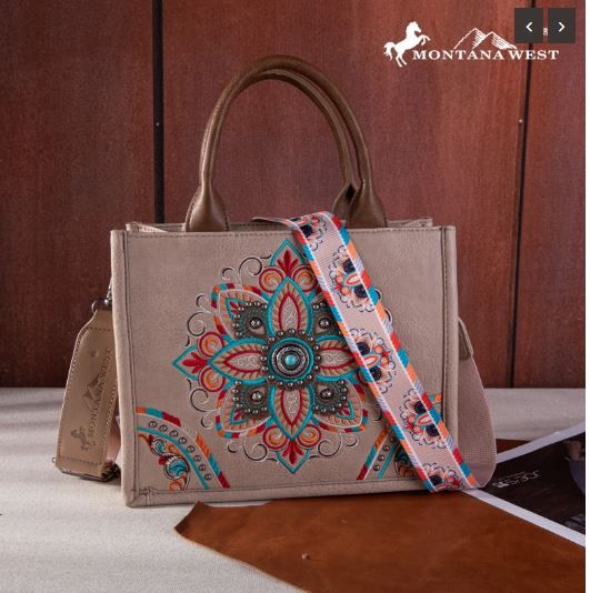 MW1258-8120S KH Montana West Embroidered Tribal Mandala Concealed Carry Tote/Crossbody