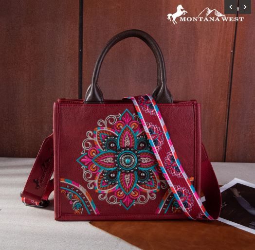 MW1258-8120S RD Montana West Embroidered Tribal Mandala Concealed Carry Tote/Crossbody