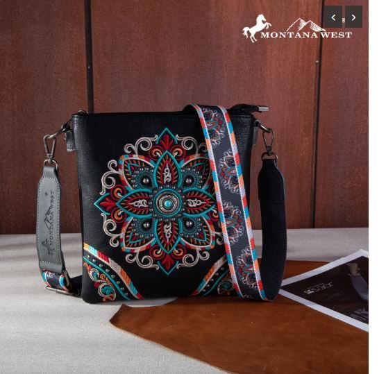 MW1258-9360 BK Montana West Embroidered Tribal Mandala Concealed Carry Crossbody