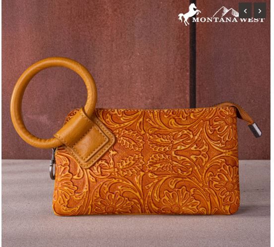 MW1260-B181 MST  Montana West Floral Tooled Ring Handle Wristlet Clutch Bag