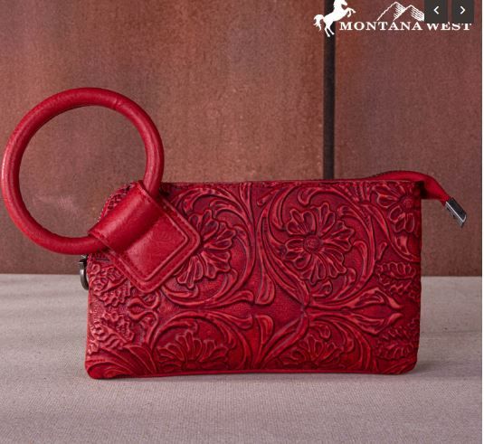 MW1260-B181 RD  Montana West Floral Tooled Ring Handle Wristlet Clutch Bag