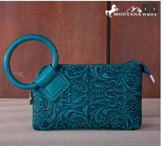 MW1260-B181 TQ  Montana West Floral Tooled Ring Handle Wristlet Clutch Bag